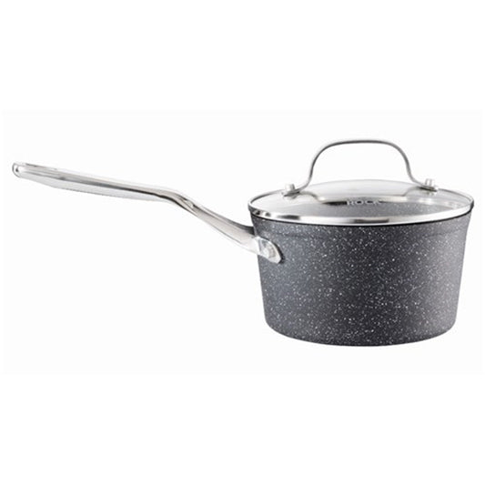 A 16cm black saucepan filled with green beans and potatoes on a marble surface - Baccarat Rock
