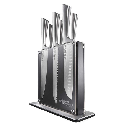 Elegant knife block showcasing seven premium knives with a modern design - Baccarat Damashiro Kin