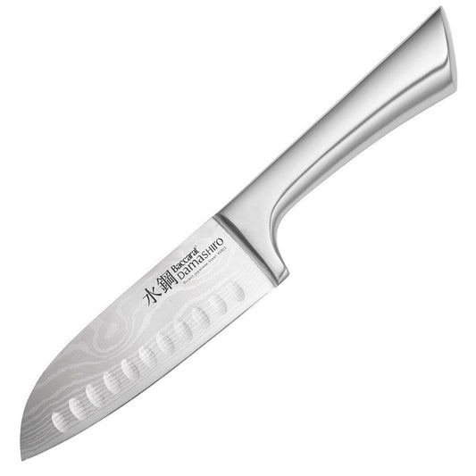 sliced purple shallots on textured surface with shiny blade - Baccarat damashiro santoku knife 14cm