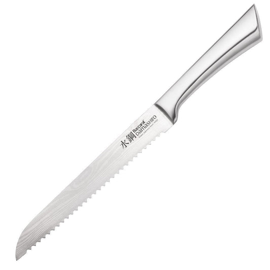 Golden brown bread slices beside a Baccarat Damashiro Bread Knife 20cm on a textured surface 