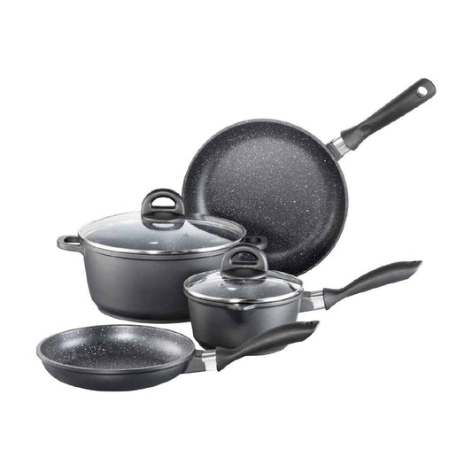 Baccarat Stone 4-piece Cookware Set features pots and pans with olive oil and pasta on a countertop 