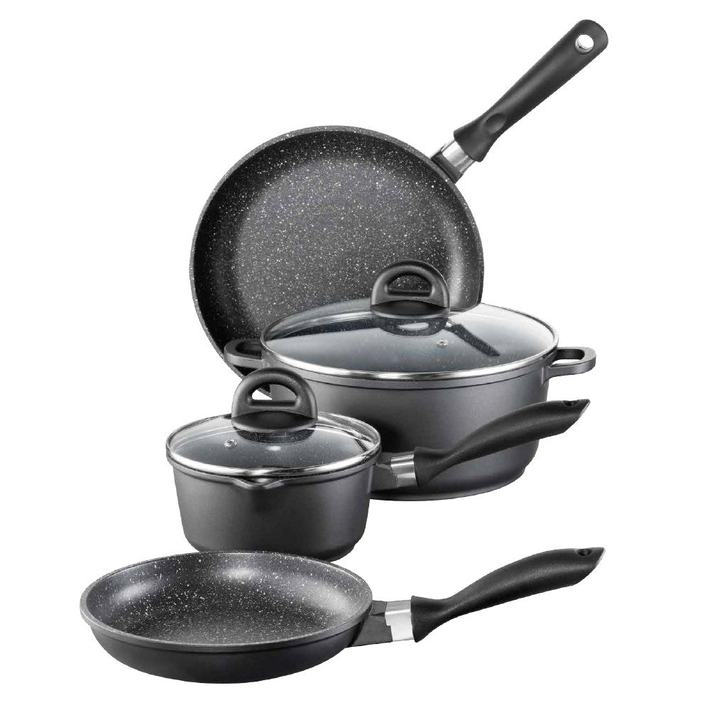 Baccarat Stone 4-piece Cookware Set features pots and pans with olive oil and pasta on a countertop 