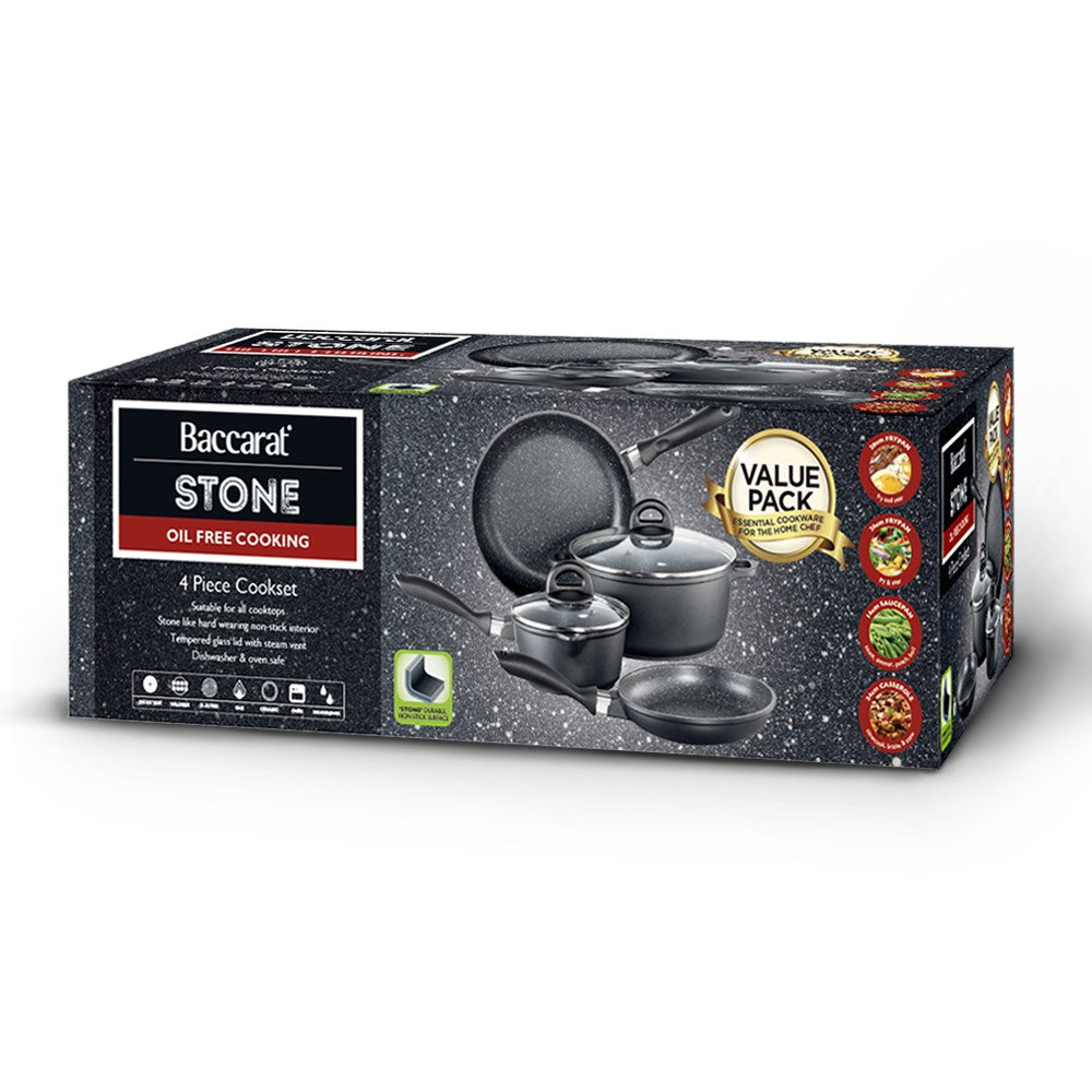 Baccarat Stone 4-piece Cookware Set features pots and pans with olive oil and pasta on a countertop 