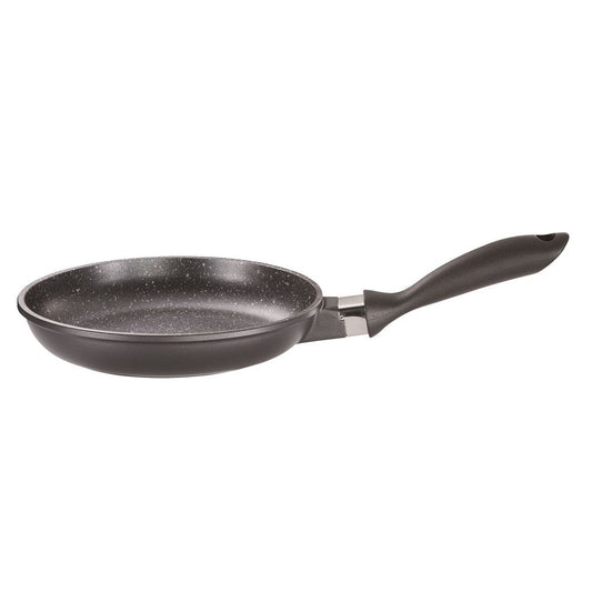 Hand holding a frying pan with grilled salmon and lemon slices - stone frypan 28cm - Baccarat