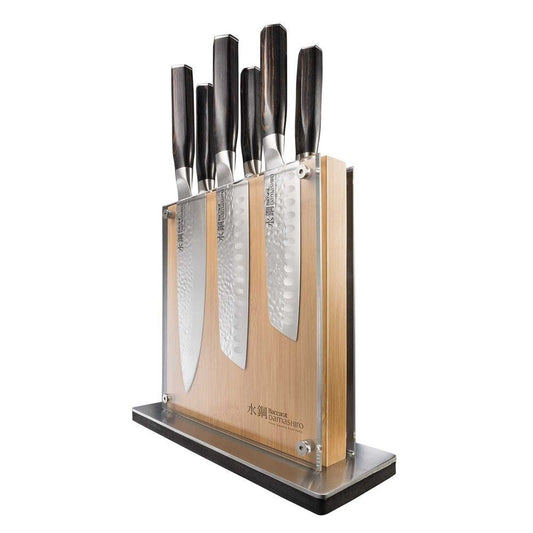 Baccarat Damashiro Emperor Shi knife block with seven premium knives featuring elegant handles