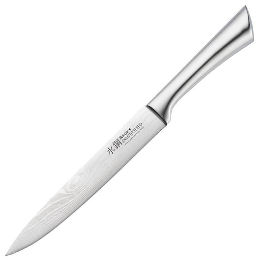 A beautifully sliced roast on wooden board with sharp blade - Baccarat Damashiro Carving Knife 20cm