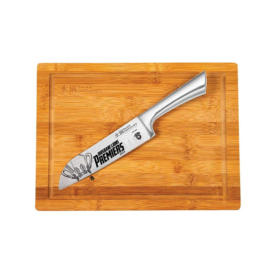 A freshly sliced sandwich on a bamboo cutting board with baguette slices - Baccarat Damashiro