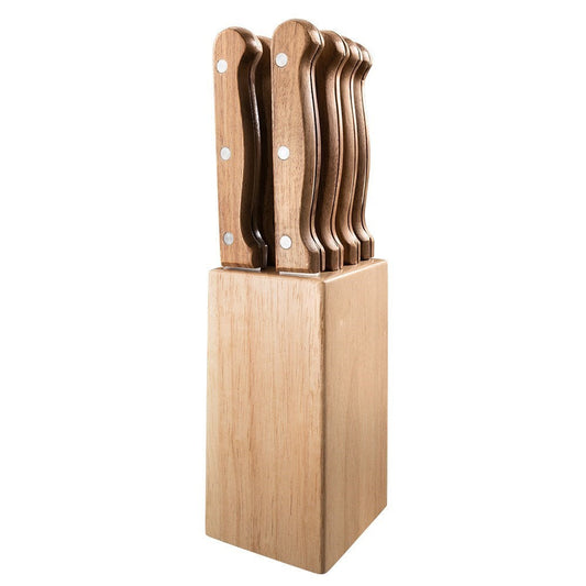 nine piece steak knife set in wooden block with stainless steel blades and brown handles - Baccarat