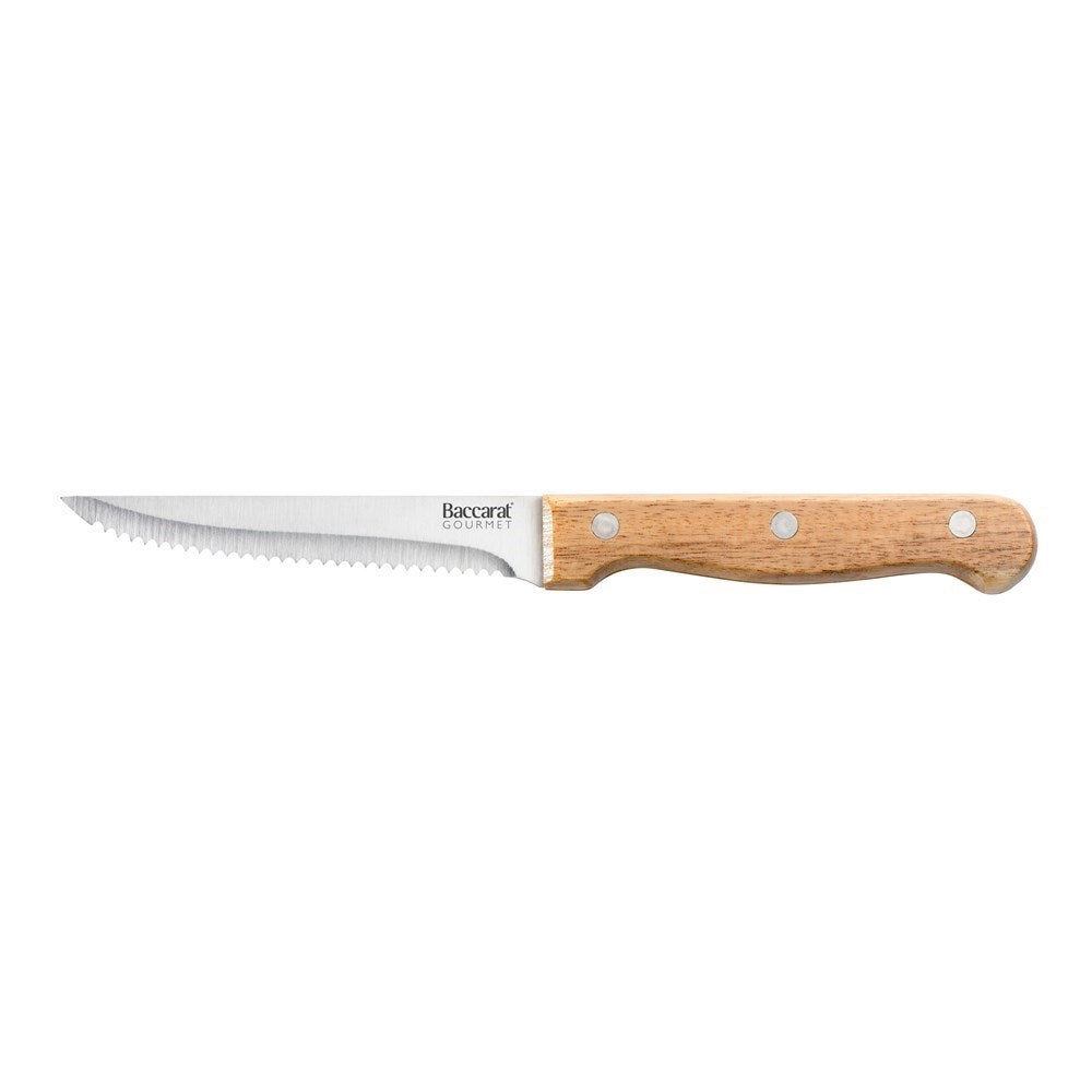 nine piece steak knife set in wooden block with stainless steel blades and brown handles - Baccarat