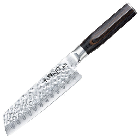 Close-up of a sleek santoku knife with a polished blade and dark wood handle - Baccarat Damashiro