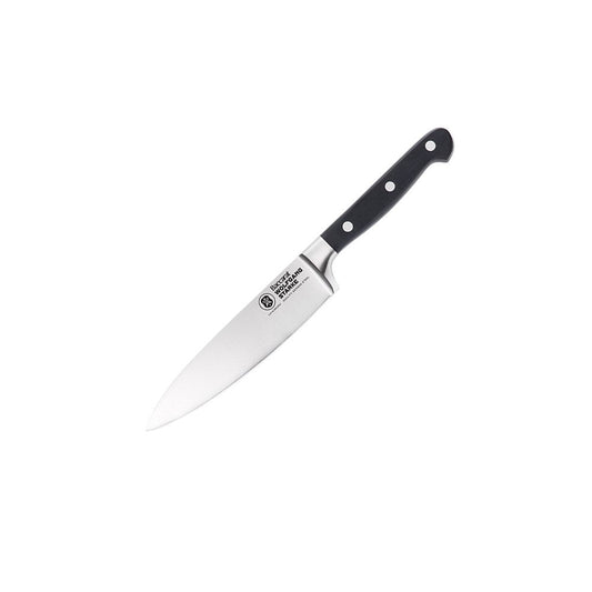 Stainless steel santoku knife with black handle on light grey background - Baccarat Wolfgang Starke