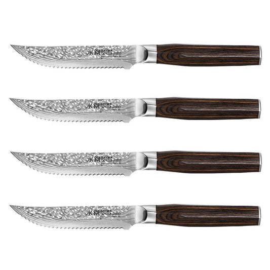 Marbled tomahawk steak with four elegant knives on a dark stone surface - Baccarat damashiro emperor