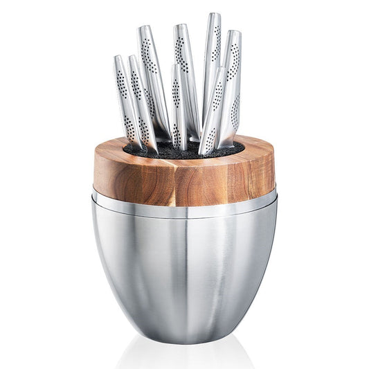 Nine piece stainless steel knife block with wooden accents mushrooms and silver details - Baccarat