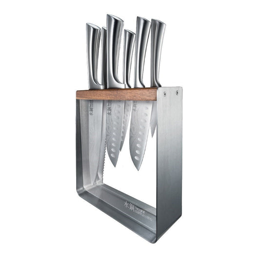 A stunning knife block showcasing sharp elegant blades in fine wood - Baccarat damashiro kinzoku