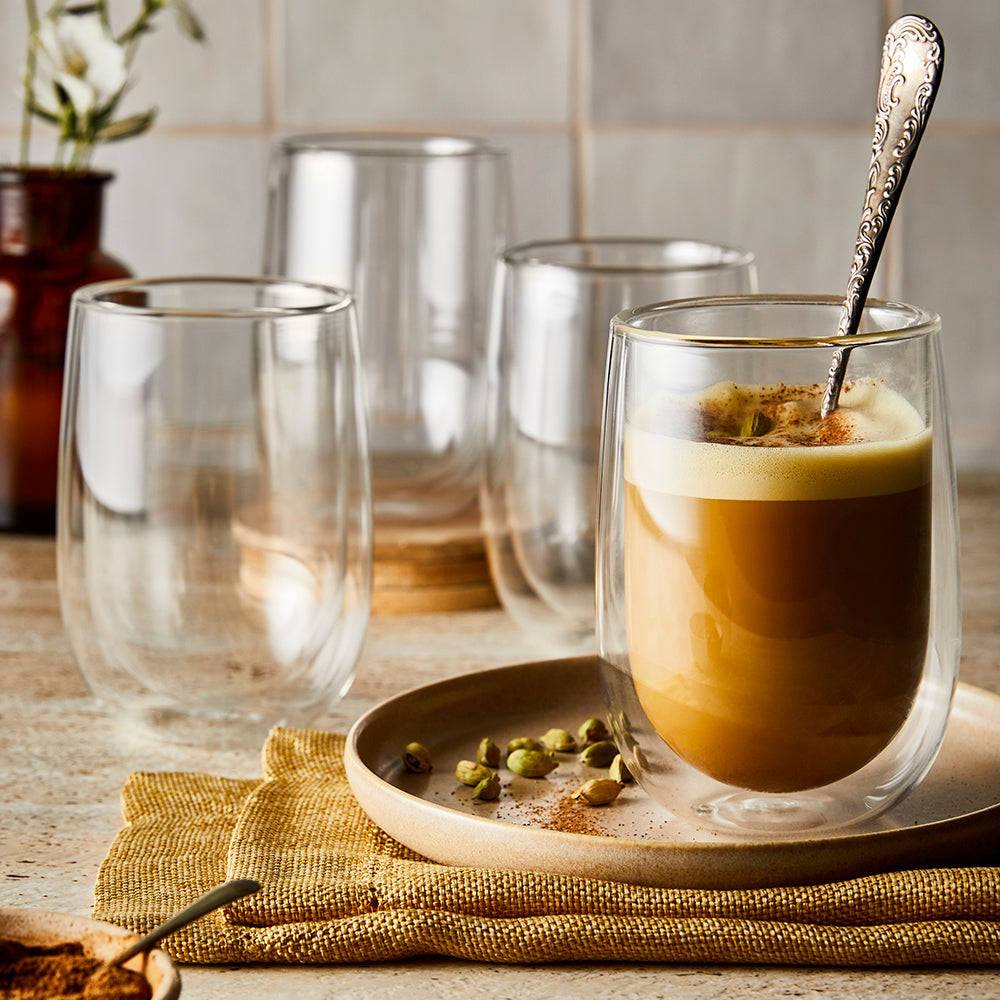 Four stylish double-walled mugs with rich brown coffee - Baccarat barista cafe double wall glass set
