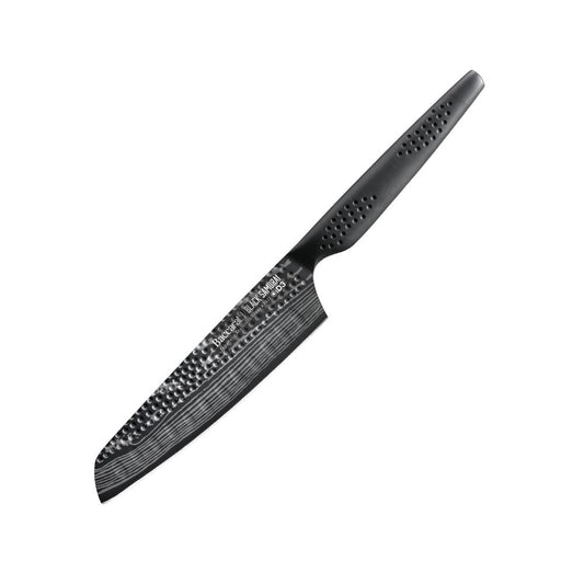 A black santoku knife on a marble surface with scattered green peas - Baccarat id3 Black Samurai