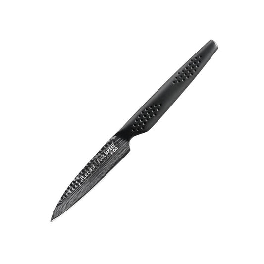 Six elegant Baccarat id3 Black Samurai Paring Knife 9cm arranged with green peas on marble