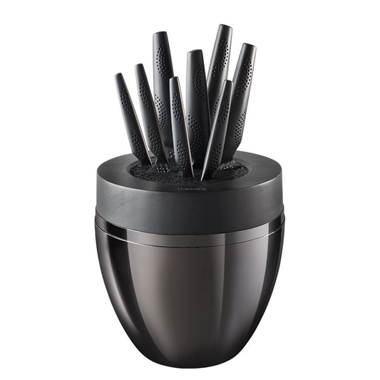 A top-angle view of sleek black knives with precision blades arranged vertically - Baccarat Samurai