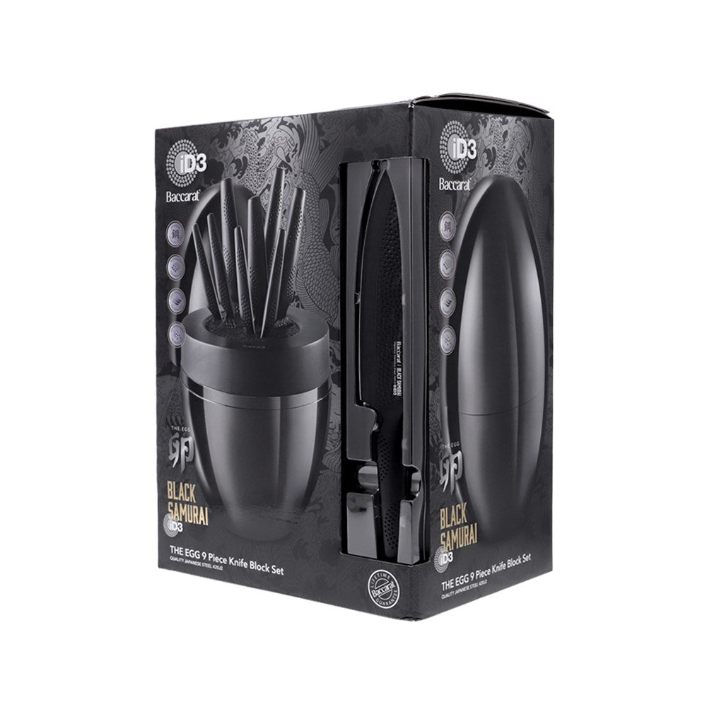 A top-angle view of sleek black knives with precision blades arranged vertically - Baccarat Samurai