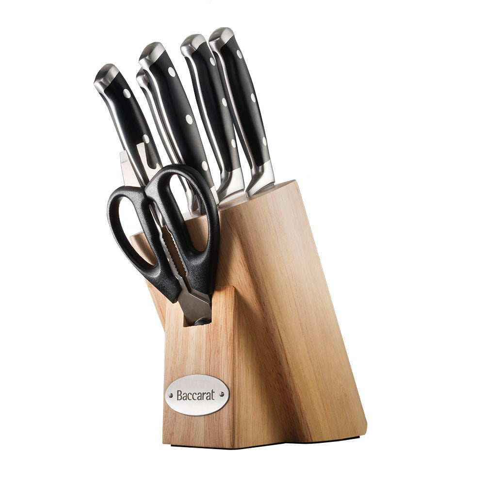 A square marble knife holder displays five sharp knives and scissors in acacia wood - Baccarat