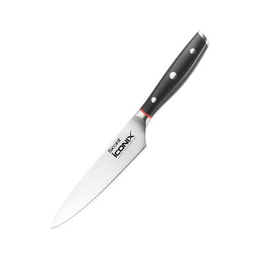 A sleek silver kitchen knife on a dark slate background black handle utility knife 12 5cm - Iconix