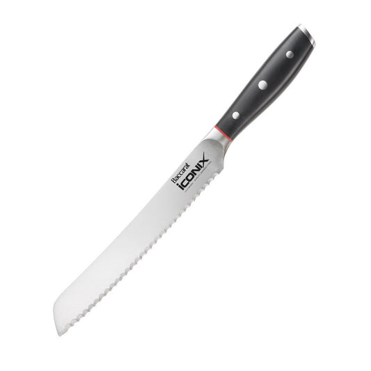 A serrated bread knife with a black handle next to black and red packaging bread knife 20cm - Iconix
