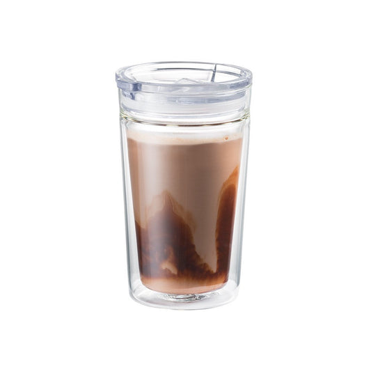 Double walled glass travell coffee cup with layered coffee and milk showcasing pattern - Baccarat