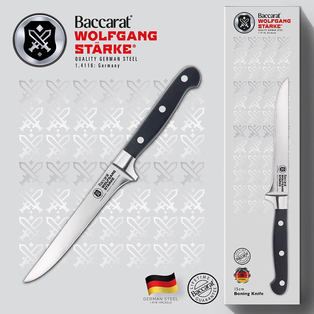 Wolfgang Starke stainless boning knife surrounded by figs and herbs on a grey surface - Baccarat 