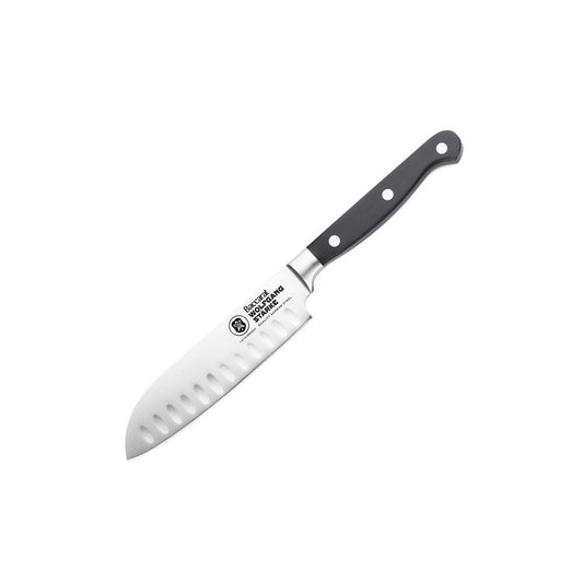 Six santoku knives with silver blades and black handles on a gray surface - Baccarat Wolfgang Starke