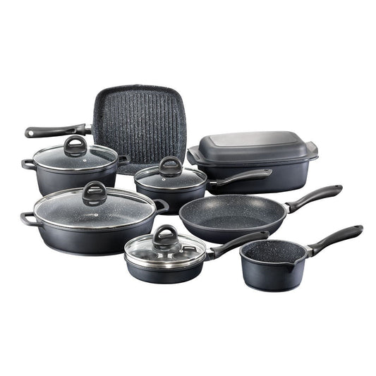 A complete cookware set with pots pans and a grill pan featuring black non-stick surfaces - Baccarat