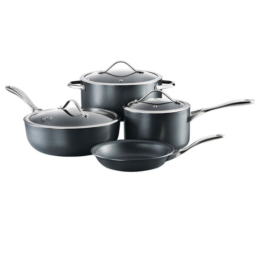 Stacked black cookware cutting boards and colourful peppers 4 piece cookware set - ID3 CS Ultimate