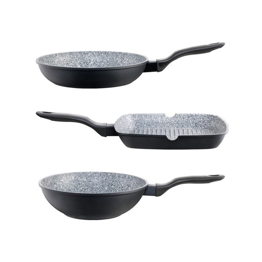 Three black frying pans with handle featuring a speckled non-stick surface 28cm - Baccarat stonex2
