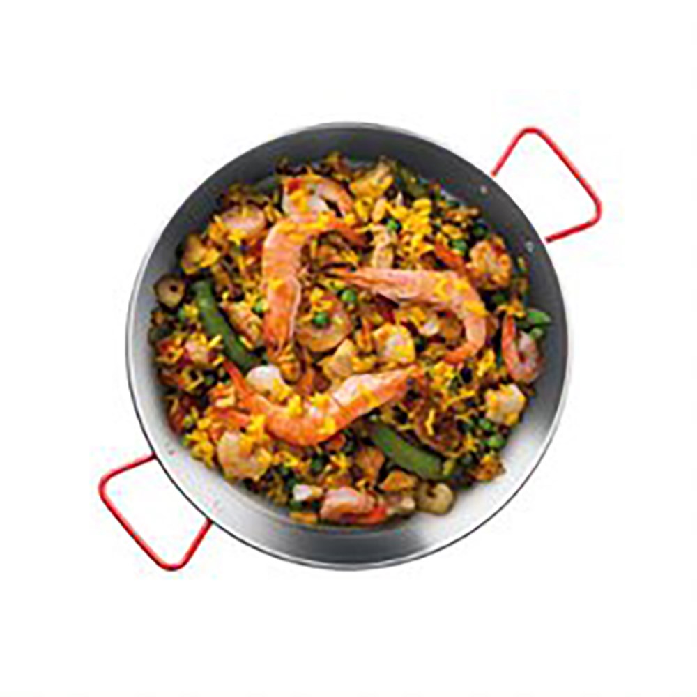 Two Baccarat Autentica 42cm Paella Pans on a wall above a countertop filled with kitchen items