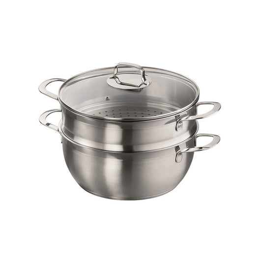Two shiny stainless steel steamer pots with sturdy handles - 28cm casserole steamer set - Baccarat