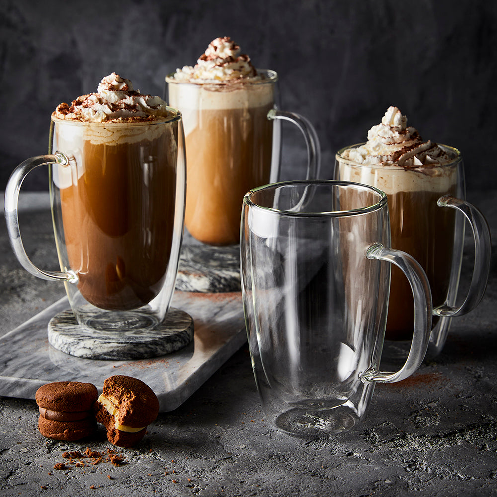 Three Baccarat Barista Cafe Set of Double Wall Thermal Glass Tumblers with coffee with whipped cream