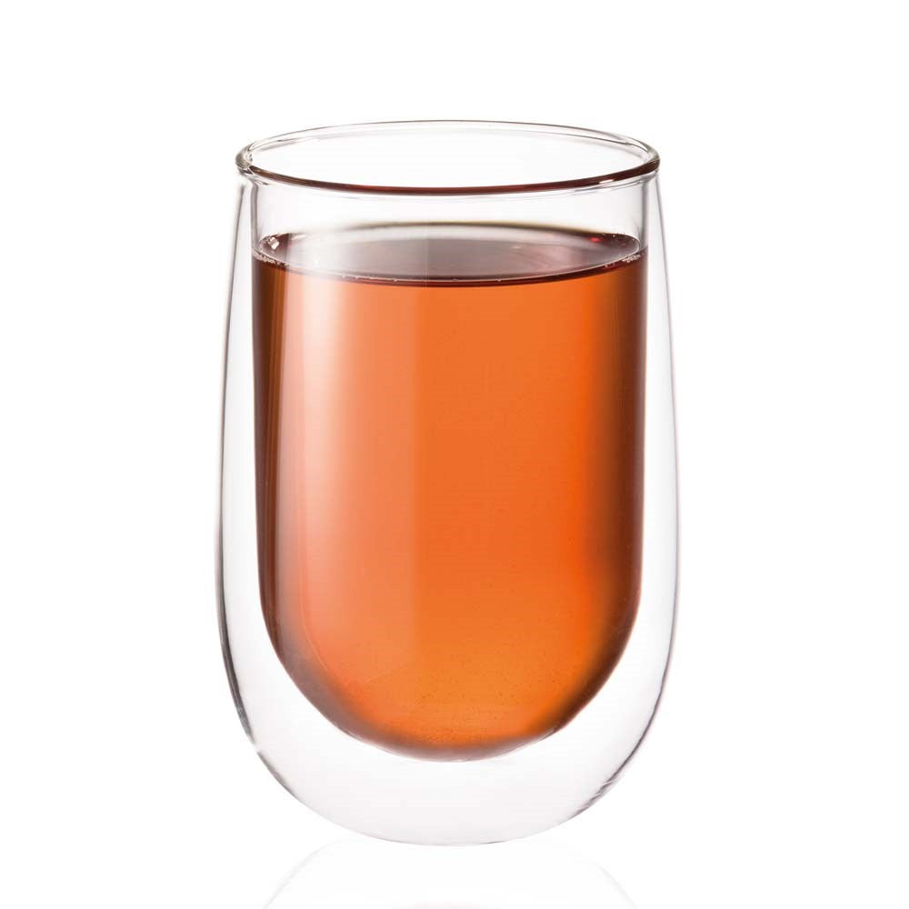 Two double wall thermal glass tumblers filled with creamy cappuccino brown color - Baccarat