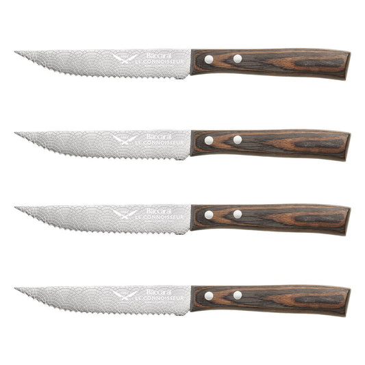 Four quality steak knives with sleek silver blades and brown wooden handles 17 5cm - Baccarat