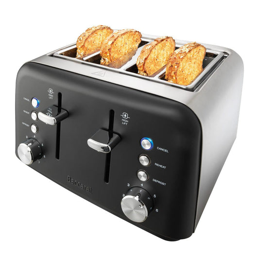Kitchen counter with toast and a cup black four slice toaster frypan black toast frypan - Baccarat