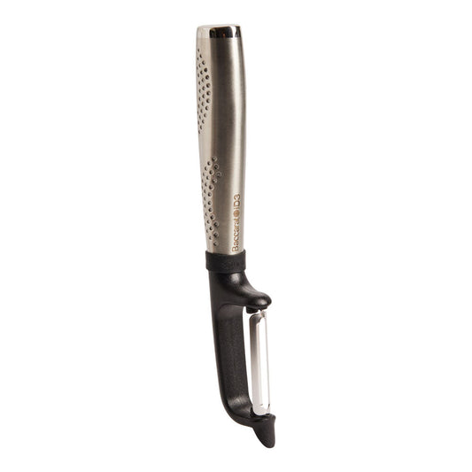 A sleek stainless steel vegetable peeler with a black handle - Baccarat 