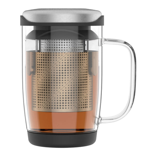 Glass tea infuser mug with stainless steel mesh and black lid for brewing loose leaf tea - Baccarat