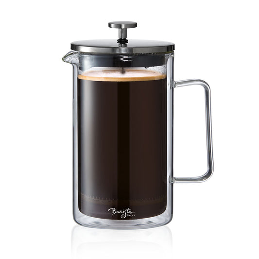 A clear Baccarat Double-Wall Coffee Press pitcher with a side handle perfect for serving beverages