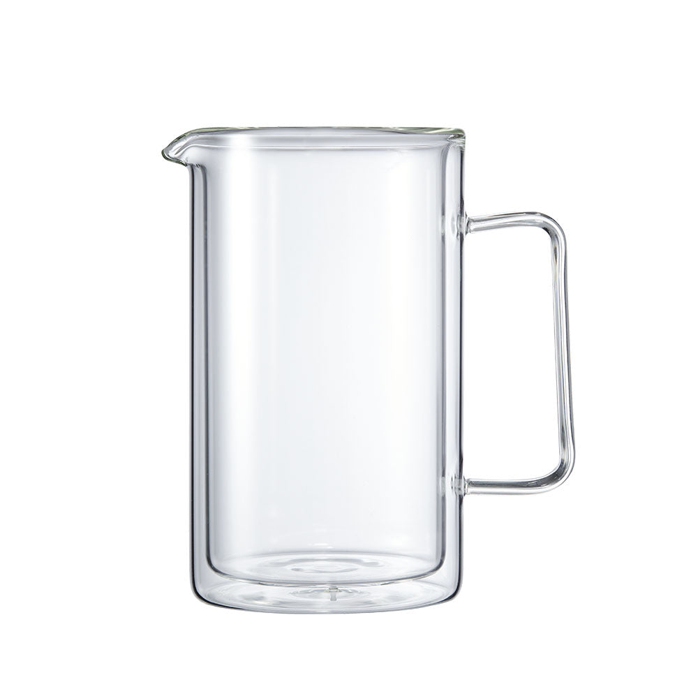 A clear Baccarat Double-Wall Coffee Press pitcher with a side handle perfect for serving beverages