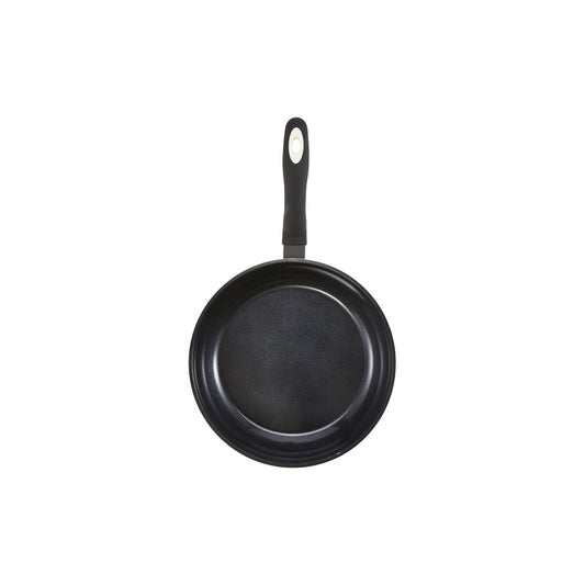 Aerial view of a black non-stick frying pan with a long handle cream non-stick frying pan - Baccarat