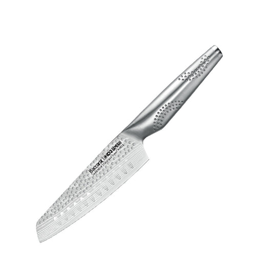 Fresh tomatoes in a wooden bowl with a silver knife on a brown surface - 11cm knife Samurai Santoku