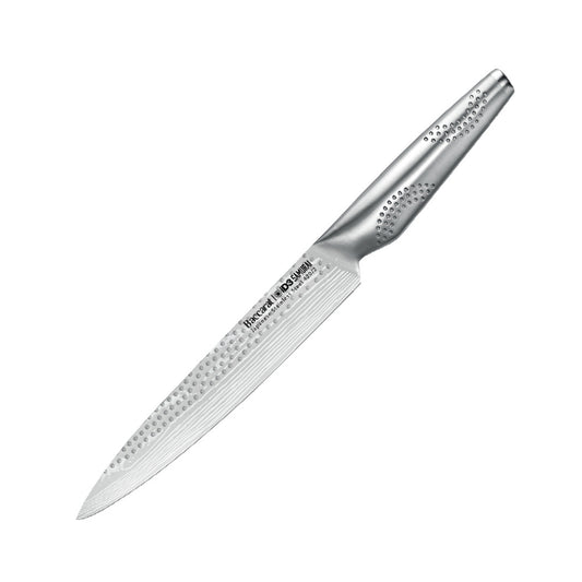A sharp knife rests beside sliced raw fish on a slate board silver kitchen knife 20cm - Baccarat