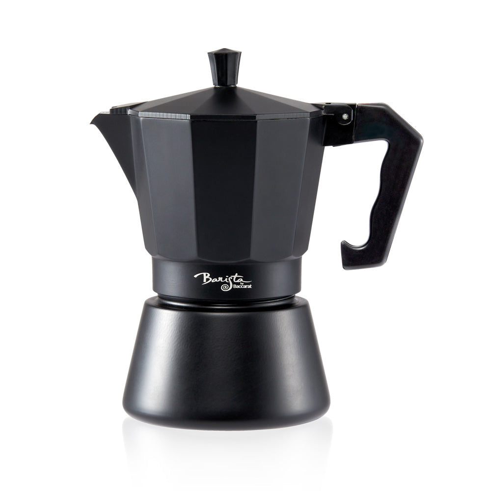 Sleek black stovetop espresso maker with a glossy finish and classic octagonal shape - Baccarat