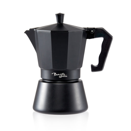 Sleek black stovetop espresso maker with a glossy finish and classic octagonal shape - Baccarat
