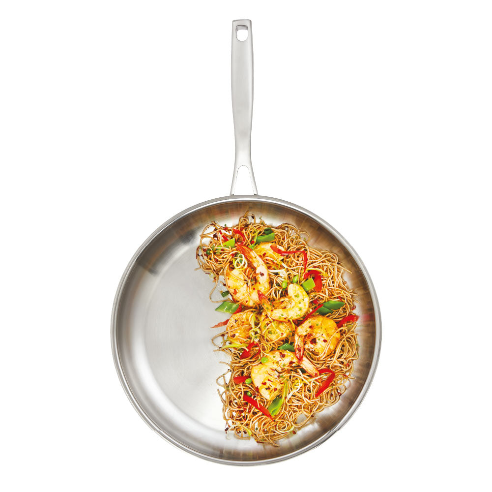 Baccarat id3 Stainless Steel 30cm Frypan with cooked ground beef on a table with tacos and salad