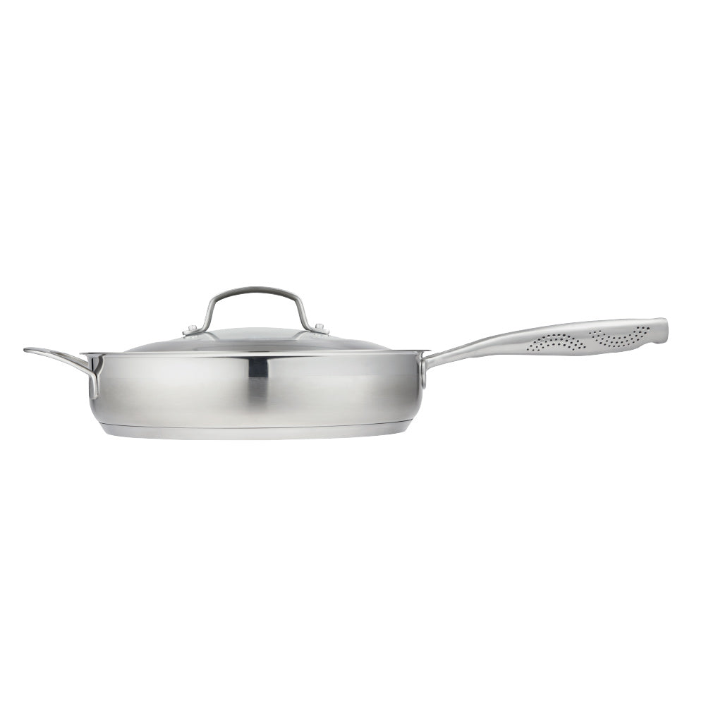 Close-up of a Baccarat id3 Saute Pan 28cm frypan with a glass lid and steam featuring silver handle