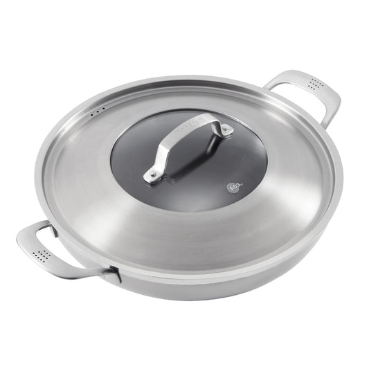 Meal setting with meatball sandwich beer and greens grey cookware 32cm saute pan with lid - Baccarat